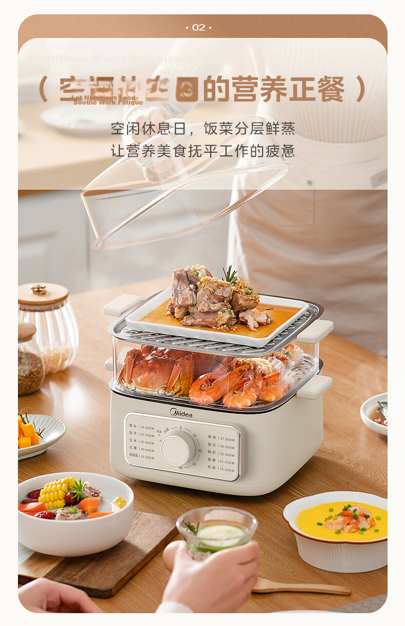 Midea Multi-Functional Electric Steamer Pot with Stewing, Steaming And Boiling Functions, Non-Coated Stainless Steel Detachable 19L Large Capacity Three-Layer Cooker ZGS352302 12