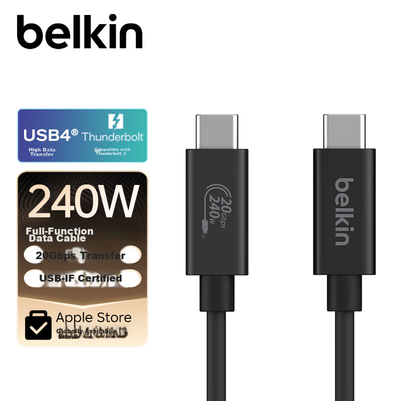 BELKIN USB4 Full-Function Data Cable 1.2m Thunderbolt 3 Compatible 240W Fast Charging 20Gbps High-Speed Data Transfer Type-C Cable INZ004