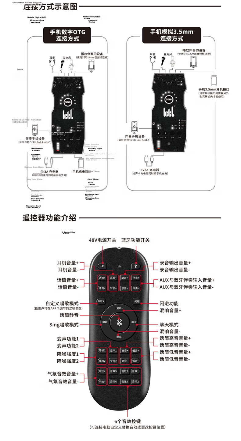 Ickb SO8 6th Generation Sound Card Mobile Computer Live Streaming Microphone Set Universal for Douyin Kuaishou Host Singing KTV Recording Equipment Full Set Condenser Microphone 20