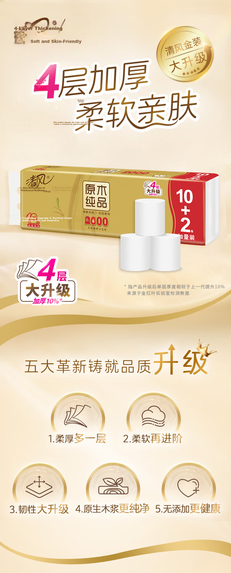 Qingfeng Coreless Toilet Paper Gold Edition 4-Ply 2000g Total 12 Rolls Thick and Heavy Toilet Tissue Rolls 3