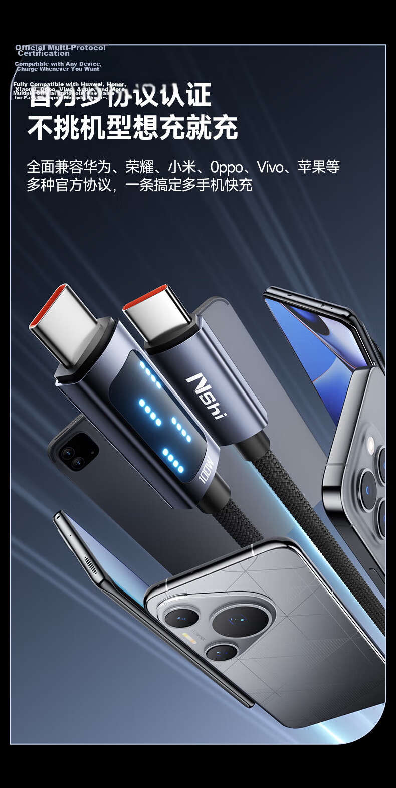 Dual-Head Type-C Data Cable with Digital Display PD 100W Fast Charging Compatible with Huawei Mate70/50/P60 Honor Xiaomi CtoC Android Phone Charging Cable 1m 7
