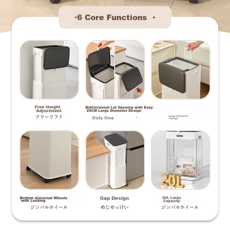 Feida Sanhe 20L White Adjustable Trash Can with Dual-Sided Lid Large Mobile Hands-Free Kitchen Living Room 3