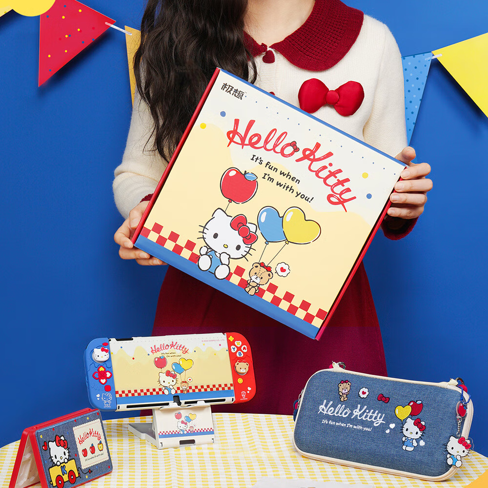 Jixiang Switch Protective Case Set Pure Innocence Gift Box OLED Protective Case Hello Kitty Collaboration Soft Silicone Case Storage Bag Joystick Caps Card Holder Tempered Glass Screen Protector Gift 18