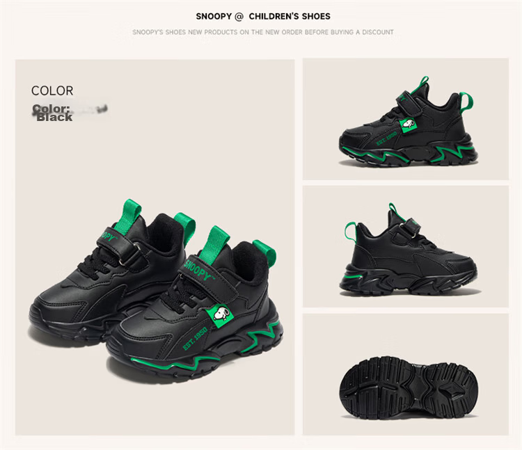 SNOOPY Children's Shoes, Boys' Sports Shoes, Shock-Absorbing Girls' Wear-Resistant Autumn Running Shoes, 5069A Black, Size 35 34