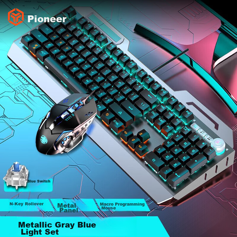 EWEADN TK900 Mechanical Keyboard and Mouse Combo Gaming Wired Desktop Laptop Office Keyboard and Mouse with Multifunctional Knob 104 Keys Blue Switch Blue Backlight Peripheral
