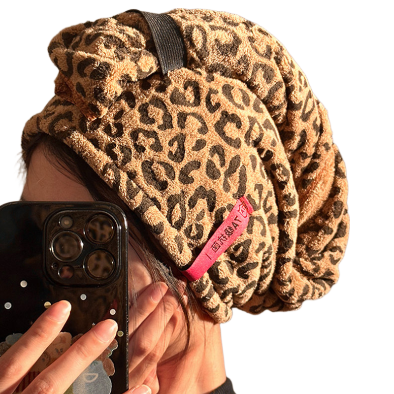 Fan Ye Leopard Print Coral Fleece Thickened Super Absorbent Hair Drying Towel Wrap Bath Cap for Women Adults Students