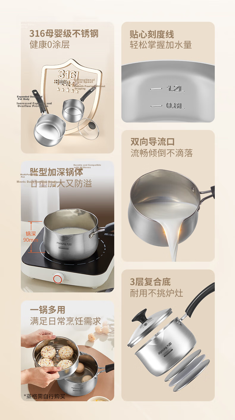 Joyoung Milk Pot, 316L Stainless Steel Baby Food Pot, Noodle Hot Milk Soup Pot, Compatible with Gas And Induction Cookers, 18cm 2