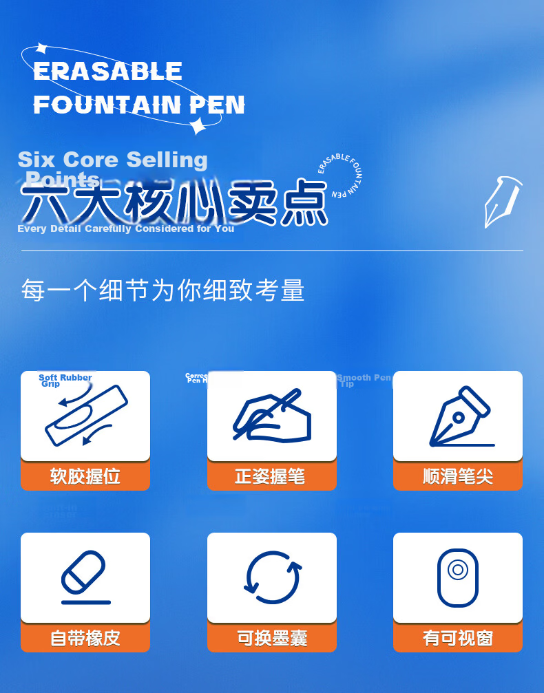 M&G Stationery Ergonomic Erasable Fountain Pen Set (Including 2 Crystal Blue Ink Cartridges + Spare Pen Grip), Elementary School Students' Posture-Correcting Thickened Back-To Writing Pen HAFP2197 Pink Handle 3