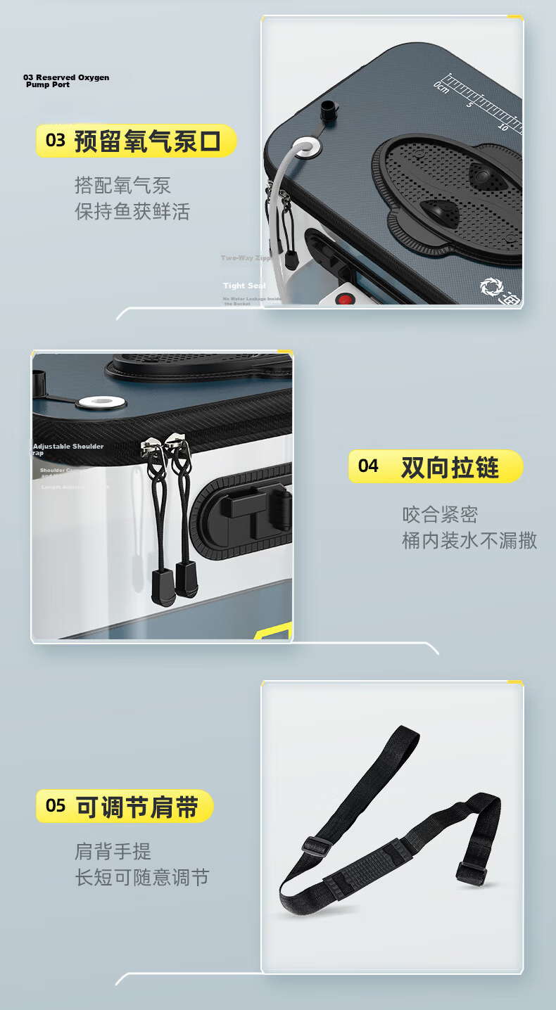 Yuzhiyuan Live Fish Bucket, Fishing Tackle Box, Foldable Water Bucket, Transparent Container, Navy Blue + Air Pump 15