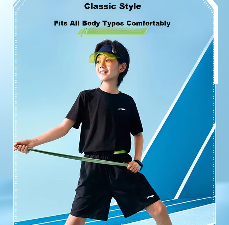 LI-NING Boys' Quick-Dry Summer Sports Set 2026 New Short Sleeve and Shorts Breathable Two-Piece Kids' Outfit 5