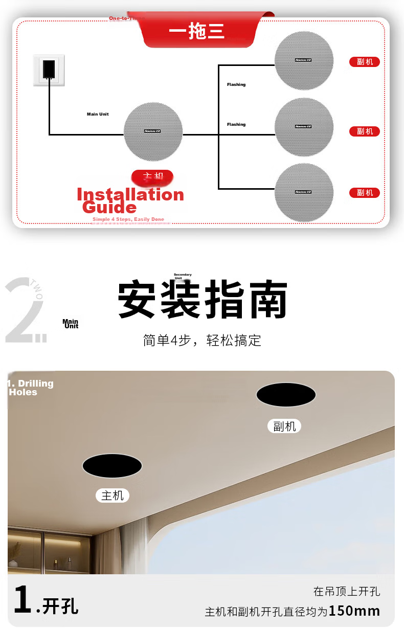 Newmine K-908A Wireless Bluetooth Ceiling Speaker Set, Recessed Active Background Music Speakers with Built-In Amplifier for Ceiling-Mounted Broadcast System, Home Use, One-To 11