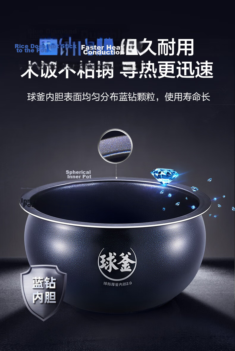 SUPOR Rice Cooker 3-4 People 4L Blue Diamond Quick Ball Pot Firewood Rice Non-stick Steamer Porridge Multi-function Micro-pressure Smart Rice Cooker 40FC661 26