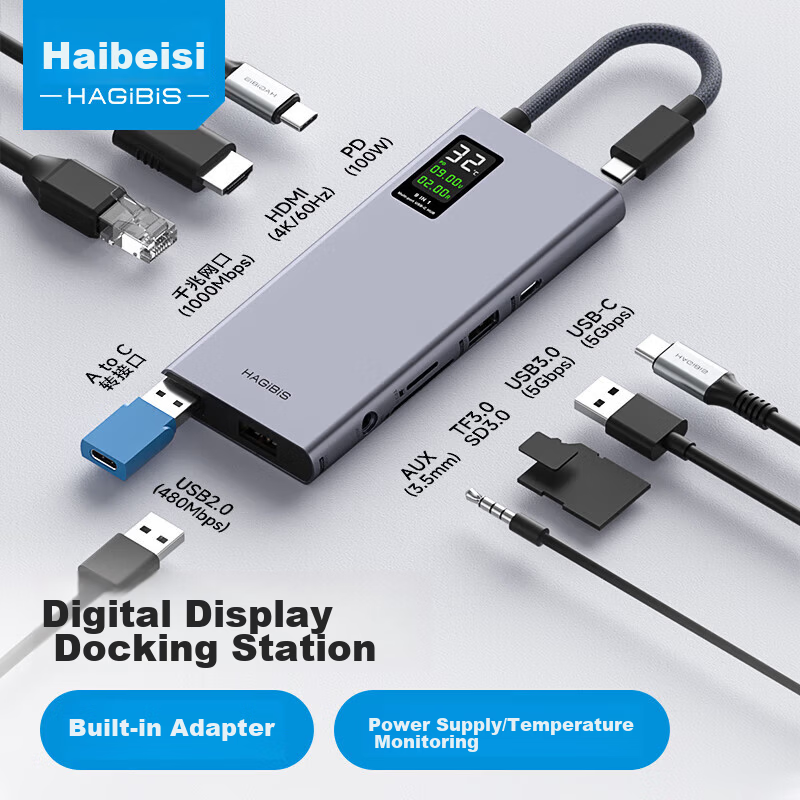 Haibeis Type-C Docking Station USB Hub PD Fast Charging Independent Power Supply with Switch Adapter for Apple MacBook Laptop