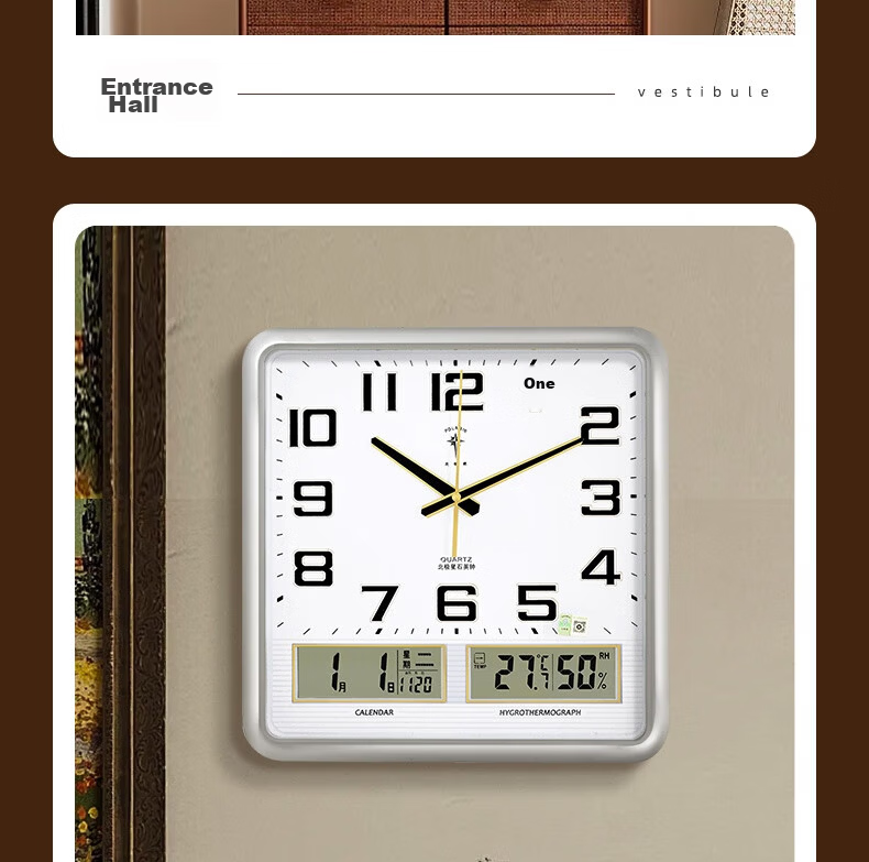 POLARIS Wall Clock, 14-Inch Perpetual Calendar, Temperature And Humidity Meter, Creative Living Room Calendar, White Dual LCD Clock 29