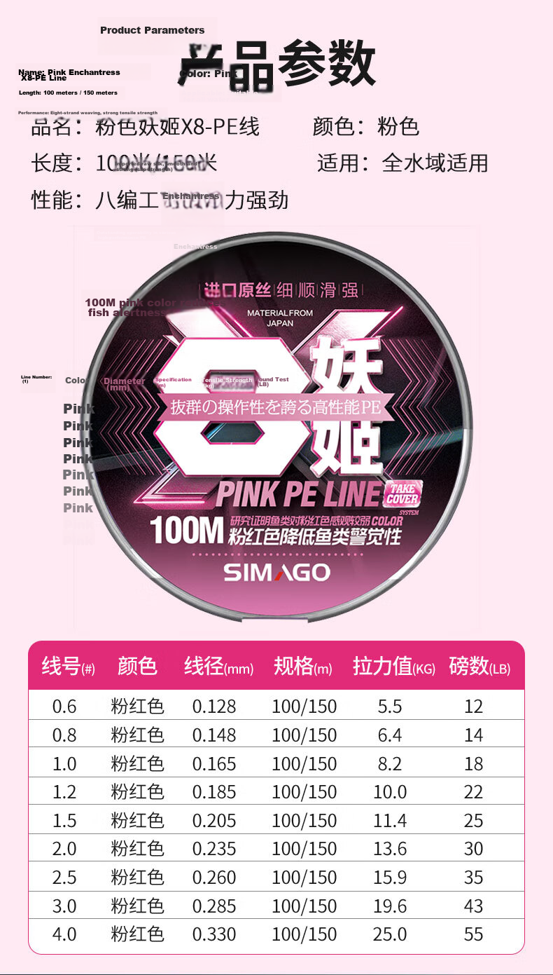 SIMAGO Ximan Du PE Fishing Line, 8-Strand Ultra-Long Casting Main Line And Leader, Micro Line, Pink, 100 Meters, Size 2.0 9
