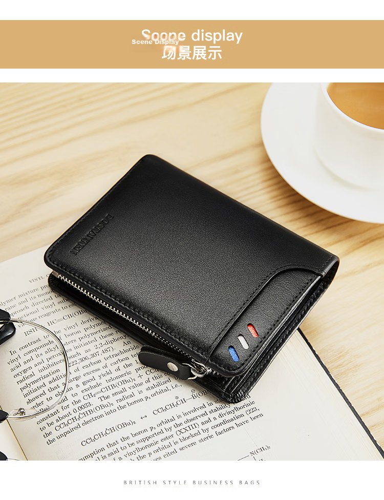 BOSTANTEN Men's Genuine Leather Business Short Wallet Multi-functional Money Clip Vertical Casual Contrast Color Zipper Student Card Holder Men 9
