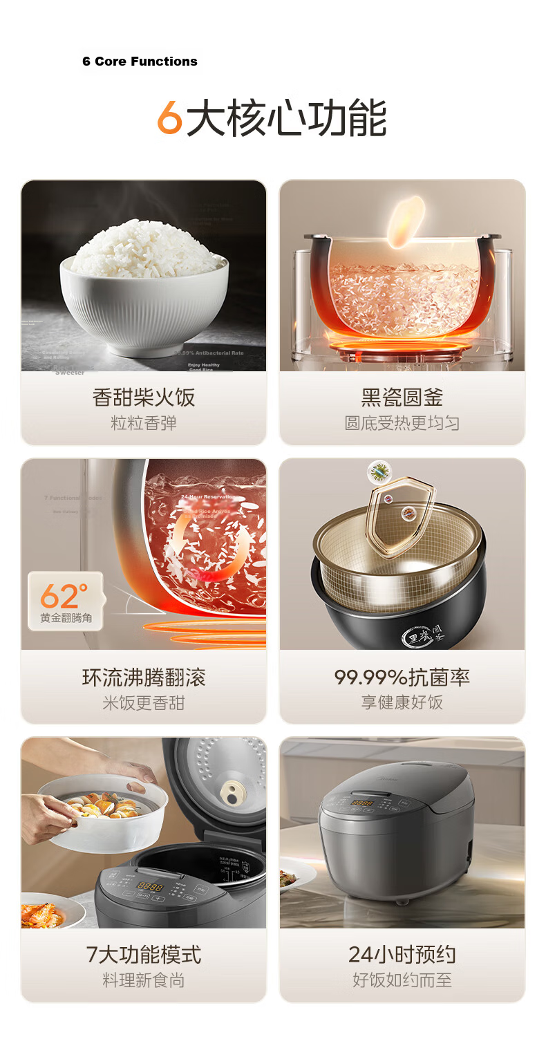 Midea Rice Cooker for 4-5 People, Home Use, 5L Large Capacity, Celadon Antibacterial Inner Pot, Sweet Fragrant Rice, Multifunctional, Micro-Pressure, Smart Reservation, MB-5A17 3