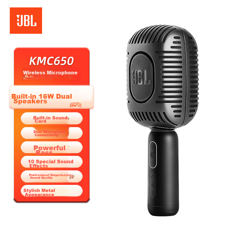 JBL Music Champion KMC650 Wireless Microphone Bluetooth Speaker All-in-One Microphone Karaoke Camping Kids K-Song Home KTV Midnight Black