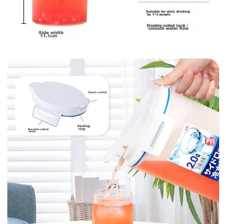 ASVEL Plastic Cold Water Pitcher, Large Capacity, Tea Infuser, Refrigerator Juice Jug, Food-Grade High-Temperature Resistant Pitcher, 1.6L 3