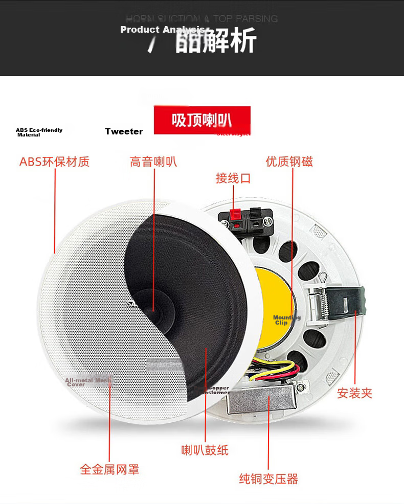 SAST 8-Inch Ceiling Speaker Set 120W Constant Voltage Amplifier Public Address System Ceiling Mount Home Mall Store Conference Background Music Combo Speaker One-to-Four 8