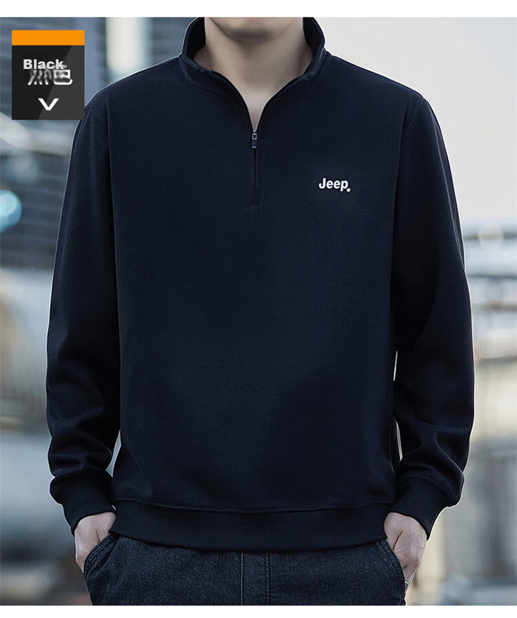 JEEP Men's Sweatshirt Spring Autumn Loose Stand Collar Long Sleeve T-Shirt Heavyweight Trendy Clothing Black L 20