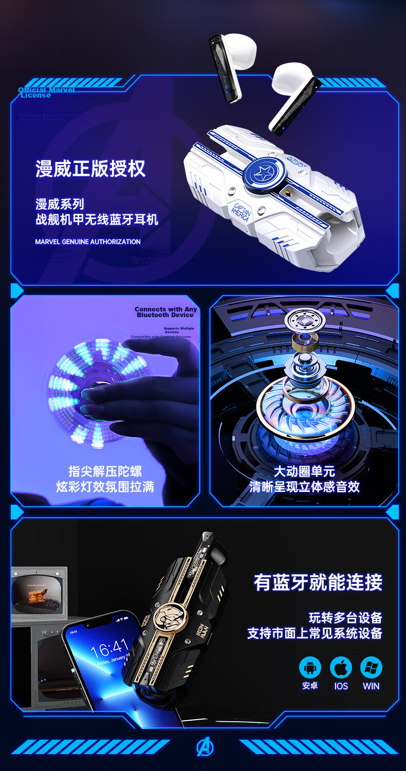 DISNEY Marvel MR31 Wireless Bluetooth Earphones Gaming Battleship Mecha Boys Gift Fidget Spinner White Captain America Compatible with Apple Android Huawei 2