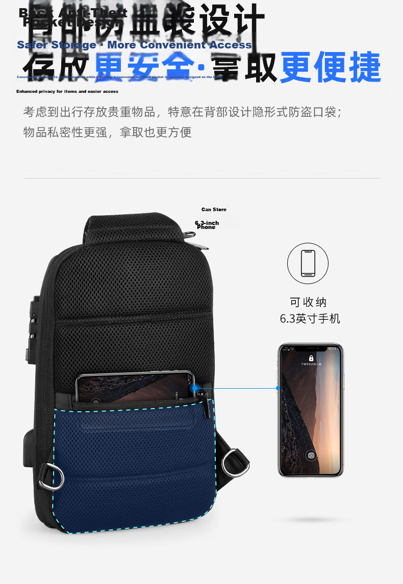 MARK RYDEN Men's Shoulder Bag Large Capacity Chest Bag Crossbody Bag with Combination Lock Anti-Theft Sports Small Backpack MR7039 Classic Black 11