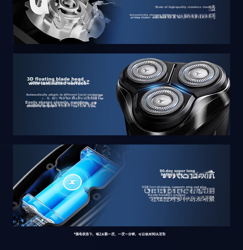 AUX Electric Rotary Shaver for Men, Waterproof Wet and Dry Dual-Blade Electric Razor, Gift for Husband 7