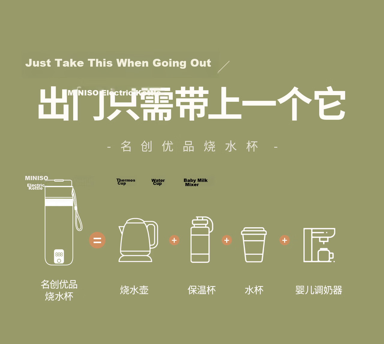 MINISO Electric Portable Water Heater Cup Insulated Travel Kettle Small Electric Kettle Tea Brewing Baby Milk Temperature Control Cup 500ml 5