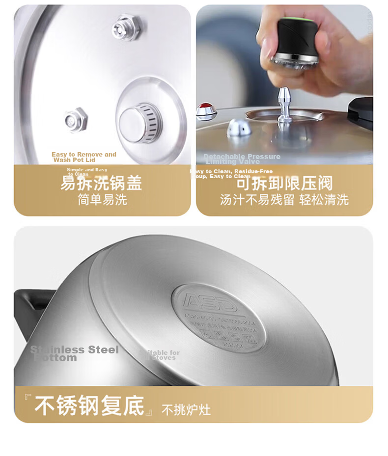ASD Pressure Cooker, 304 Stainless Steel, Six Safety Features, 6.0L Capacity, Compatible with Gas And Induction Stoves, YS22T3WG 17