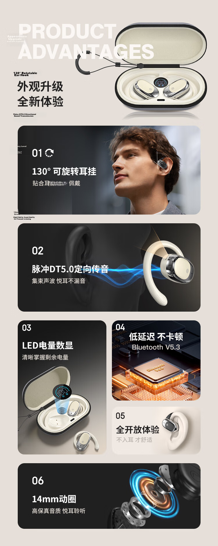 Newmine LY71 Ear-Hook True Bone Conduction Bluetooth Headphones, Open-Style Non-In, for Sports Running Cycling, Long Battery Life, Call Noise Reduction, Compatible with Apple Huawei Xiaomi, Black 6