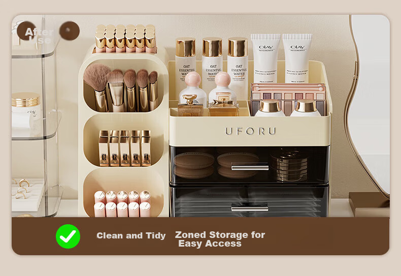 EACHY Qixi Festival Gift Cosmetic Storage Box Desktop Dustproof Large Capacity Dressing Table Skincare Organizer - Cream Yellow 3