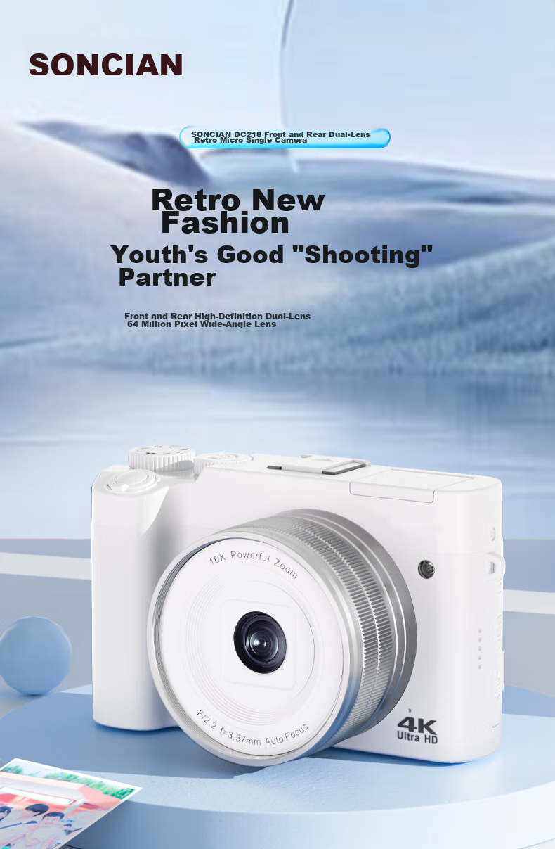 SONGDIAN Digital Camera with Dual Front And Rear Sensors, 4K High-Definition Mirrorless Camera for Vlogging, Portable, Entry-Level Student Camera DC218 White + Wide-Angle Lens 256GB Memory 1