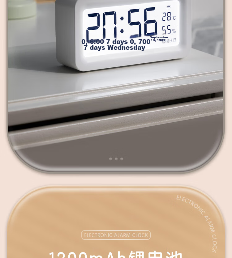 Deli Rechargeable Electronic Alarm Clock with Backlight, Home Student Children's Thermo-Hygrometer Bedside Clock, Essential for School Start, White LE103A, New Year Gift, Back-to-School Season 8