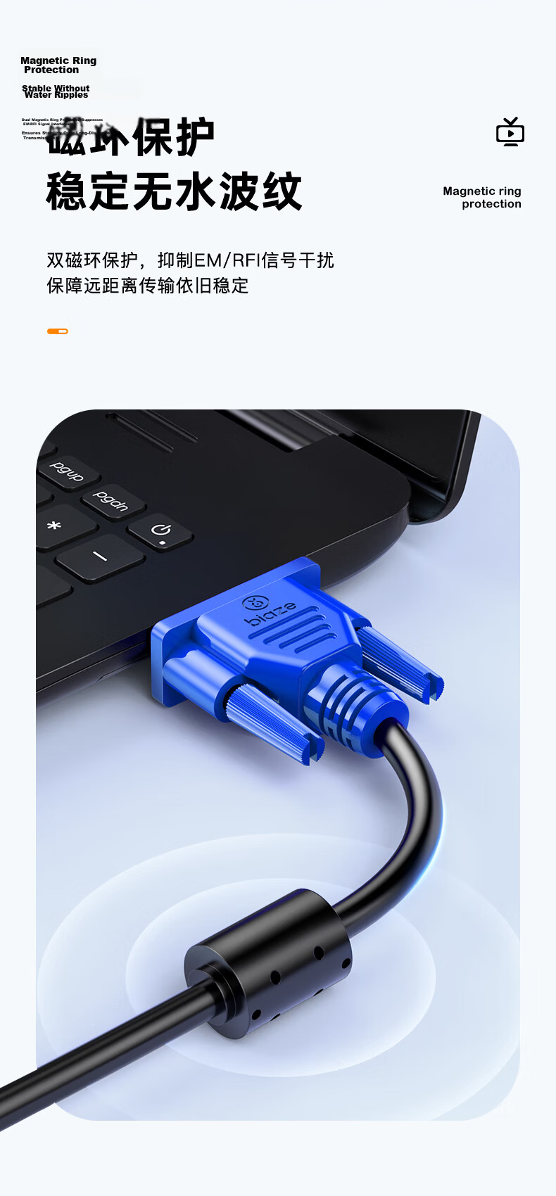 BIAZE VGA Cable with Free Shipping - 1.5m Dual Ferrite Core Blue Head 3+6 Core High-Definition Video Cable for Computer TV Projector Monitor Connection 10