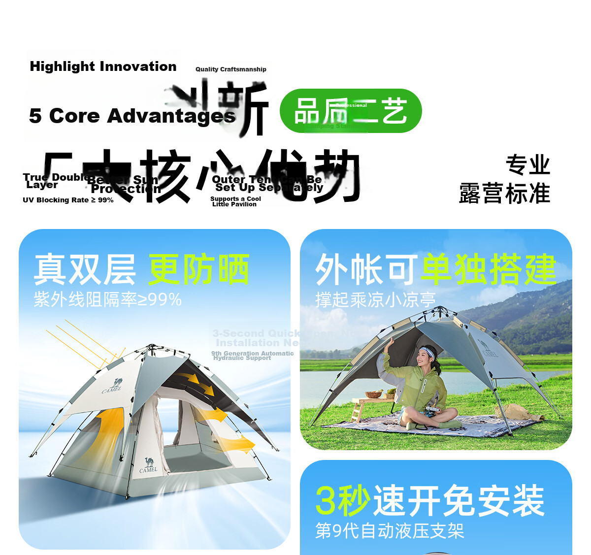 CAMEL Outdoor Titanium Black Coated Tent Portable Sunshade Foldable Park Picnic Camping Overnight Home Use Camel Color 3
