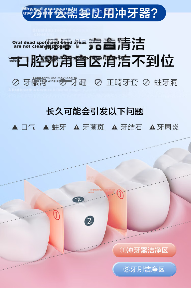 JD Jingzao Portable Oral Irrigator with 3 Nozzles Retractable Water Flosser Ultrasonic Teeth Cleaner Dental Plaque Remover Preventive Dental Care Gift for Teacher's Day Birthday Couples Holiday 4