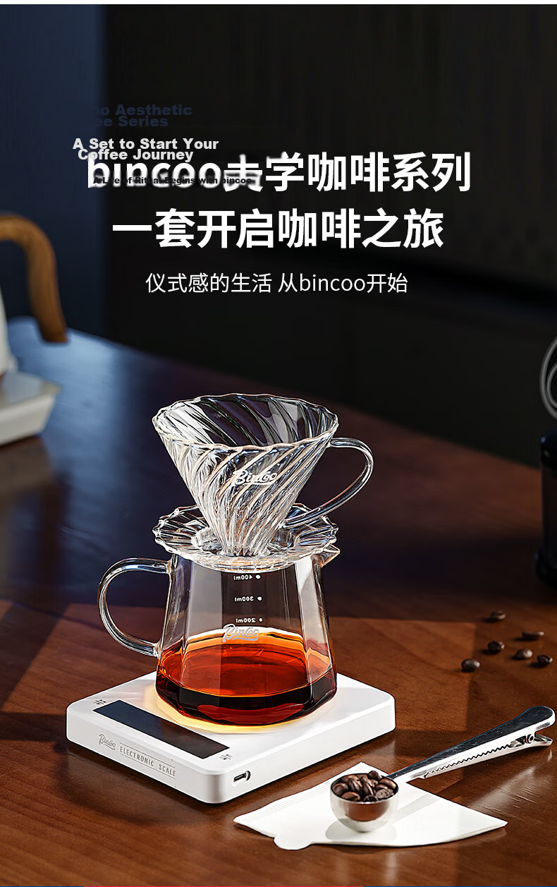 Bincoo Coffee Sharing Pot Glass Pour-Over Coffee Set with Scale V60 Dripper and Hanging Ear Coffee Cup 12