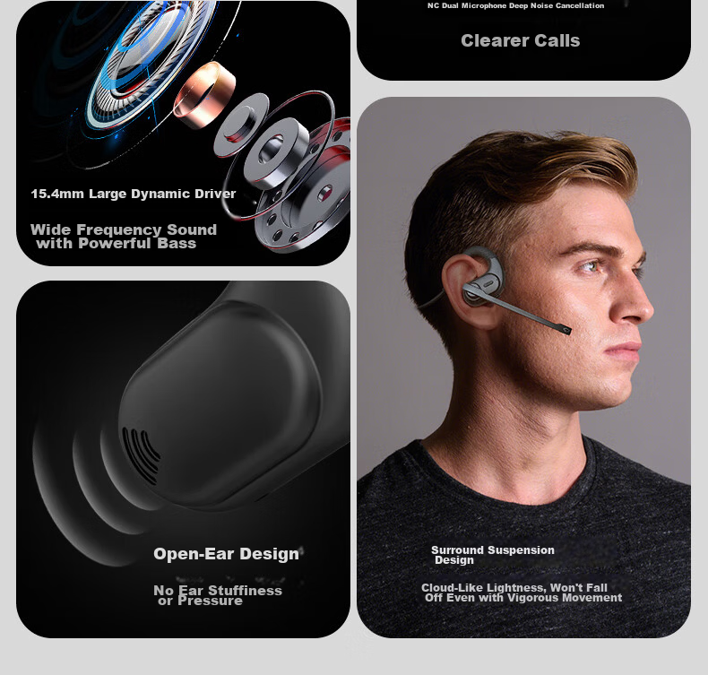 Masentek G9 Wireless Bluetooth Earphones Open-Ear Hook Style Dual Microphone Bone Conduction Concept Neckband Noise-Cancelling Sports Running Music Gaming 3