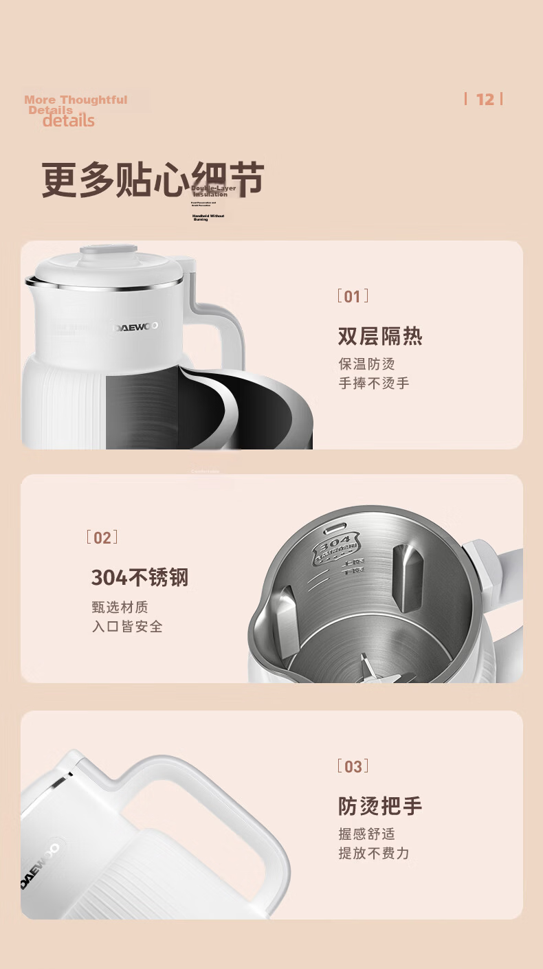 DAEWOO Household Silent Blender Soy Milk Maker Fully Automatic Multi-Grain Cooker Small Soy Milk Machine for 1-2 People SM03 White 16