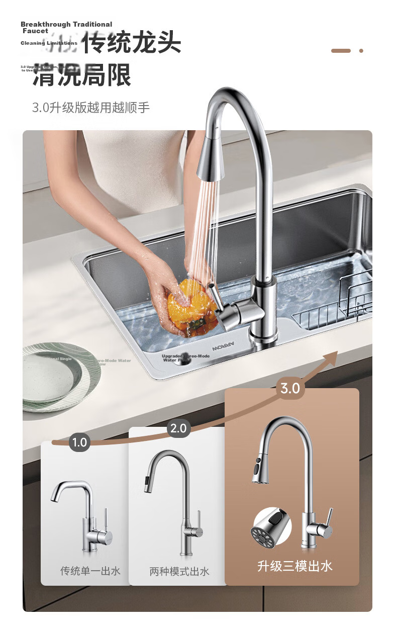 ARROW Kitchen Faucet Hot and Cold Three-Function Pull-Out 360° Rotatable 304 Stainless Steel Kitchen Tap AE45300P 3