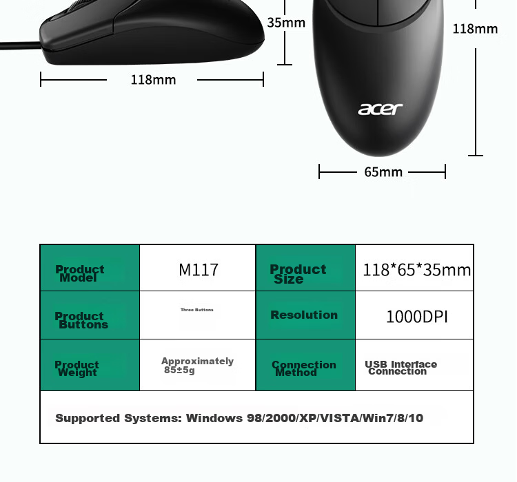 Acer Wired Gaming Office Mouse USB Plug and Play 3-Level DPI OMW329 10