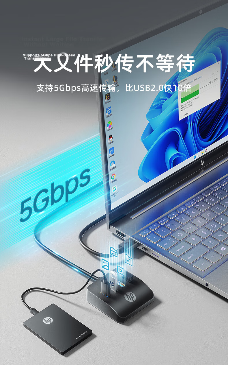 HP USB Extender 1 Meter, Laptop USB Expansion 3.0 Multi-Port Extension Cable Hub, Computer Adapter Splitter Connector, Independent Power Supply 3