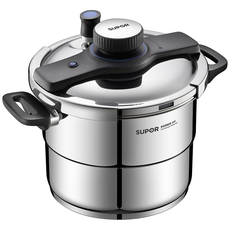 SUPOR Explosion-Proof Pressure Cooker 7.2L 304 Stainless Steel Easy-Open 22cm Compatible with Gas and Induction Cookers with Steaming Rack
