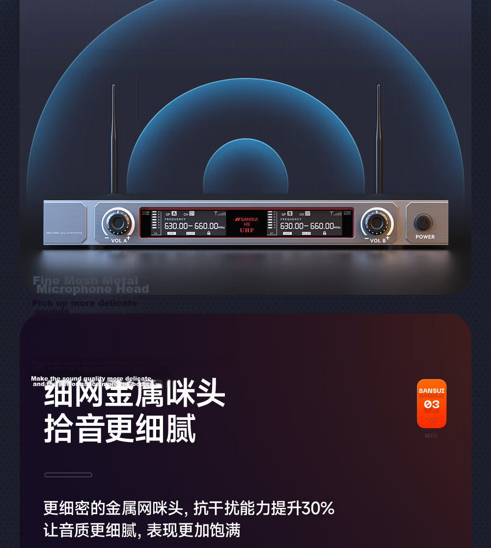 SANSUI V79 Professional Wireless Microphone System, Dual-Channel UHF KTV Singing, Speech, Stage, Conference Speaker, Amplifier, Metal, Adjustable Frequency 9