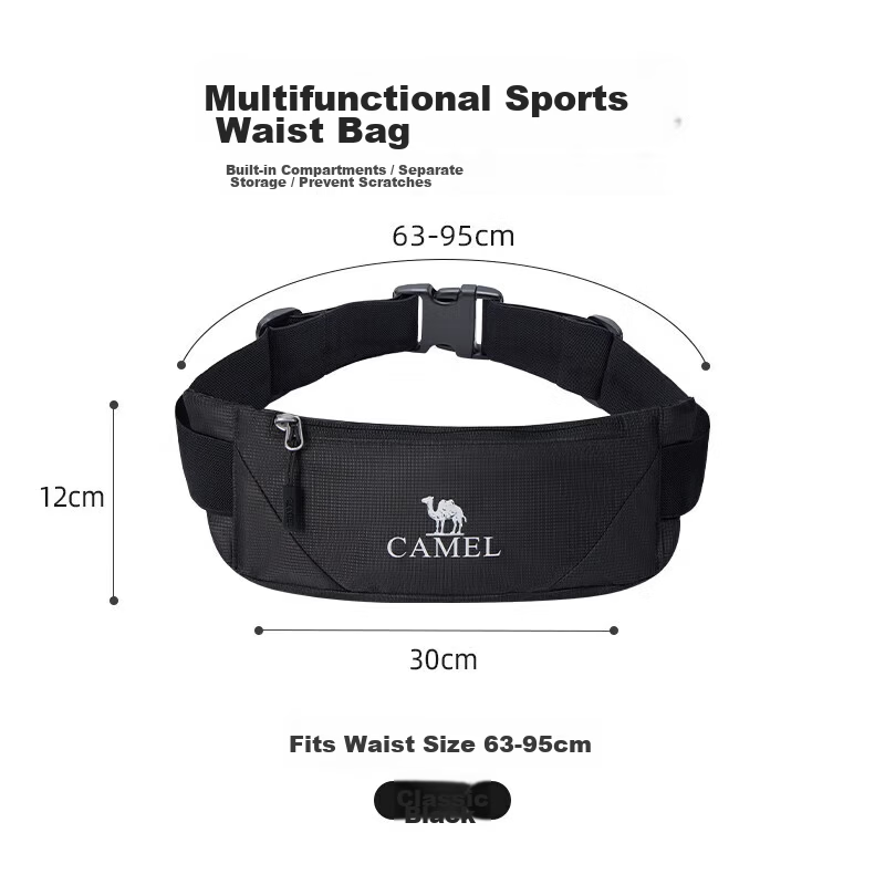CAMEL Outdoor Sports Waist Bag Unisex Running Phone Pouch Belt Morning Jogging Lightweight Fitness Gear Classic Black