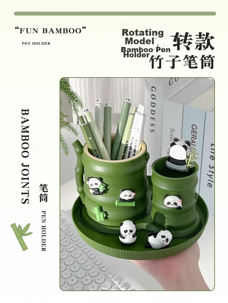 Youth Companion 360° Rotating Pen Holder Desktop Ornament Essential Back-to-School Kids Office Desk Organizer Creative Cute Panda Bamboo Timer Model with Timing Function 3