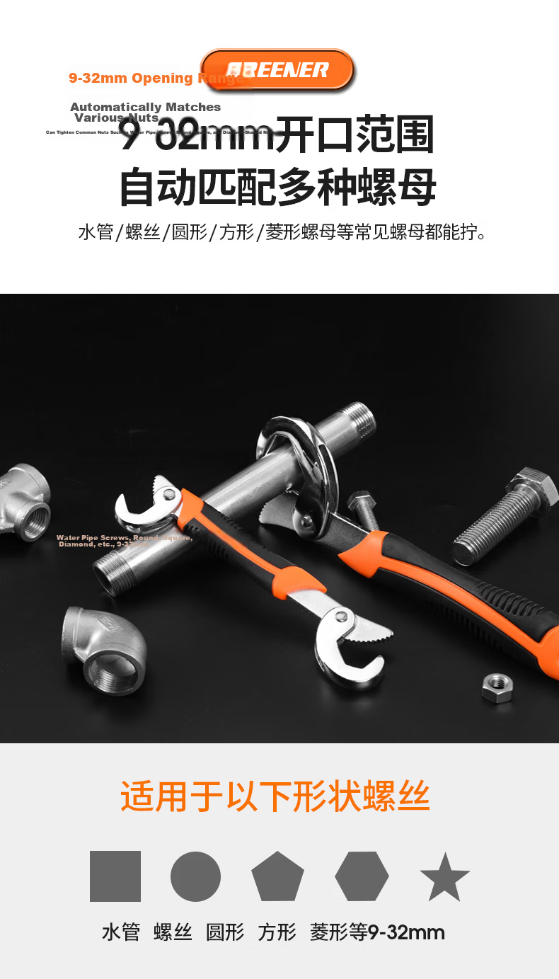 GREENER Wrench Set Household 2-Piece Pipe Pliers Universal Adjustable Wrench Multifunctional Open-End Plumbing Tool 4