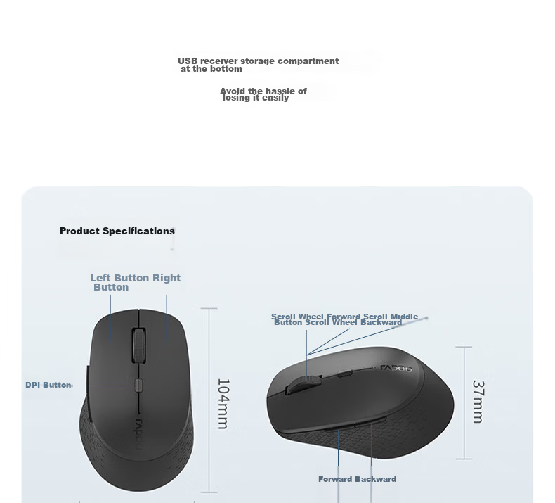 Rapoo MT750 Upgraded Large Hand Wireless/Bluetooth/Wired Multi-Mode Office Mouse Cross-Screen Transmission Ergonomic 5-Device Connection 10 Programmable Buttons Black 20