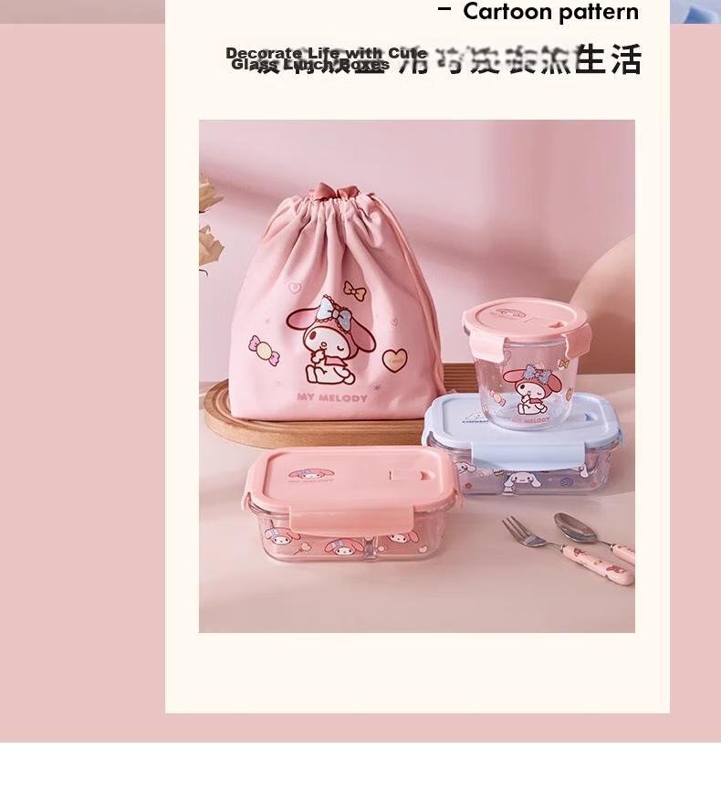 MANCHAOJIA Sanrio Glass Lunch Box Microwave Heating Fresh-Keeping Bowl Office Bento Soup Bowl Hello Kitty 700ML 10